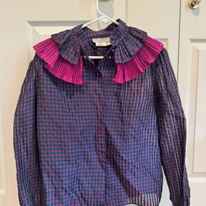 Plaid Long-Sleeve Blouse with Pleated Contrast Collar - Pink/Blue